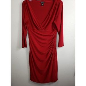 New Directions Women's Dress Size 10 Red Faux Wrap Ruched Long Sleeve